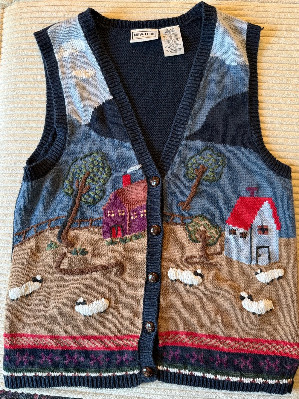 Vintage New Look Knit Button Vest in Navy, Brown & Red